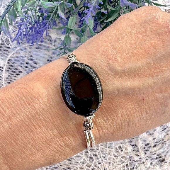 Vintage Natural Jet Black Obsidian Bracelet - Picture 7 of 10